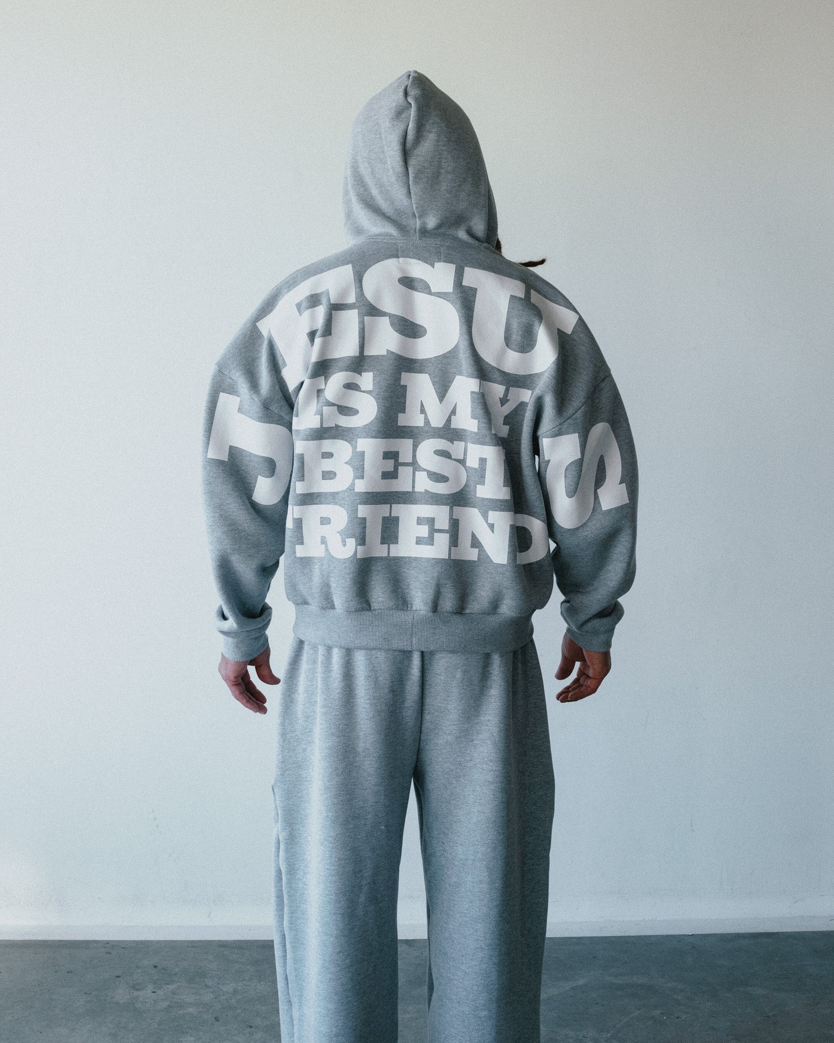 MOLETOM ZIP UP BOXY JESUS IS MY BEST FRIEND CINZA